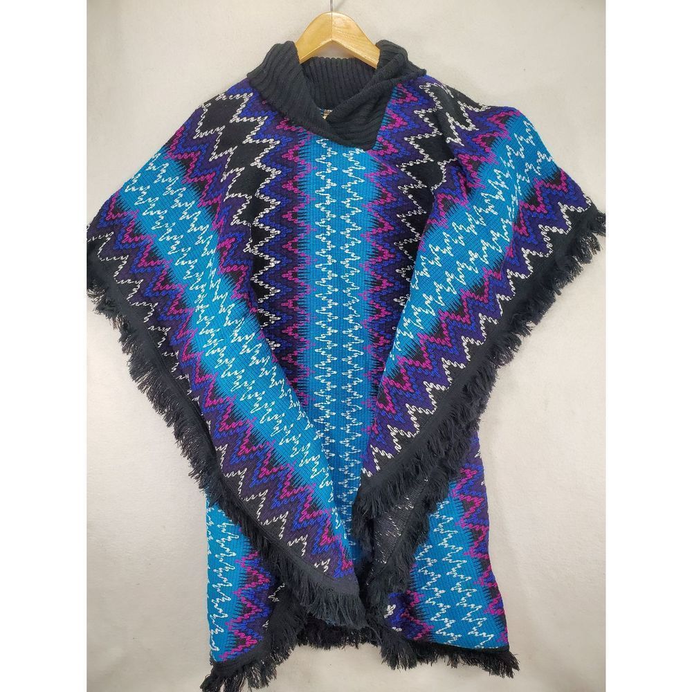Women's Fringed Mexican Woven Poncho Blue Chevron Shawl